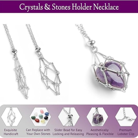 Women's Interchangeable Silver Amethyst Crystal Stone Luxury Cage Pendant - Picture 3 of 5